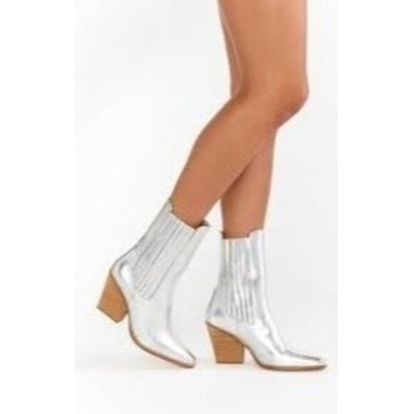 Forever 21 Ankle Boots New Metallic Silver Women's booties Size 7 Block Heel Fau - Picture 1 of 13